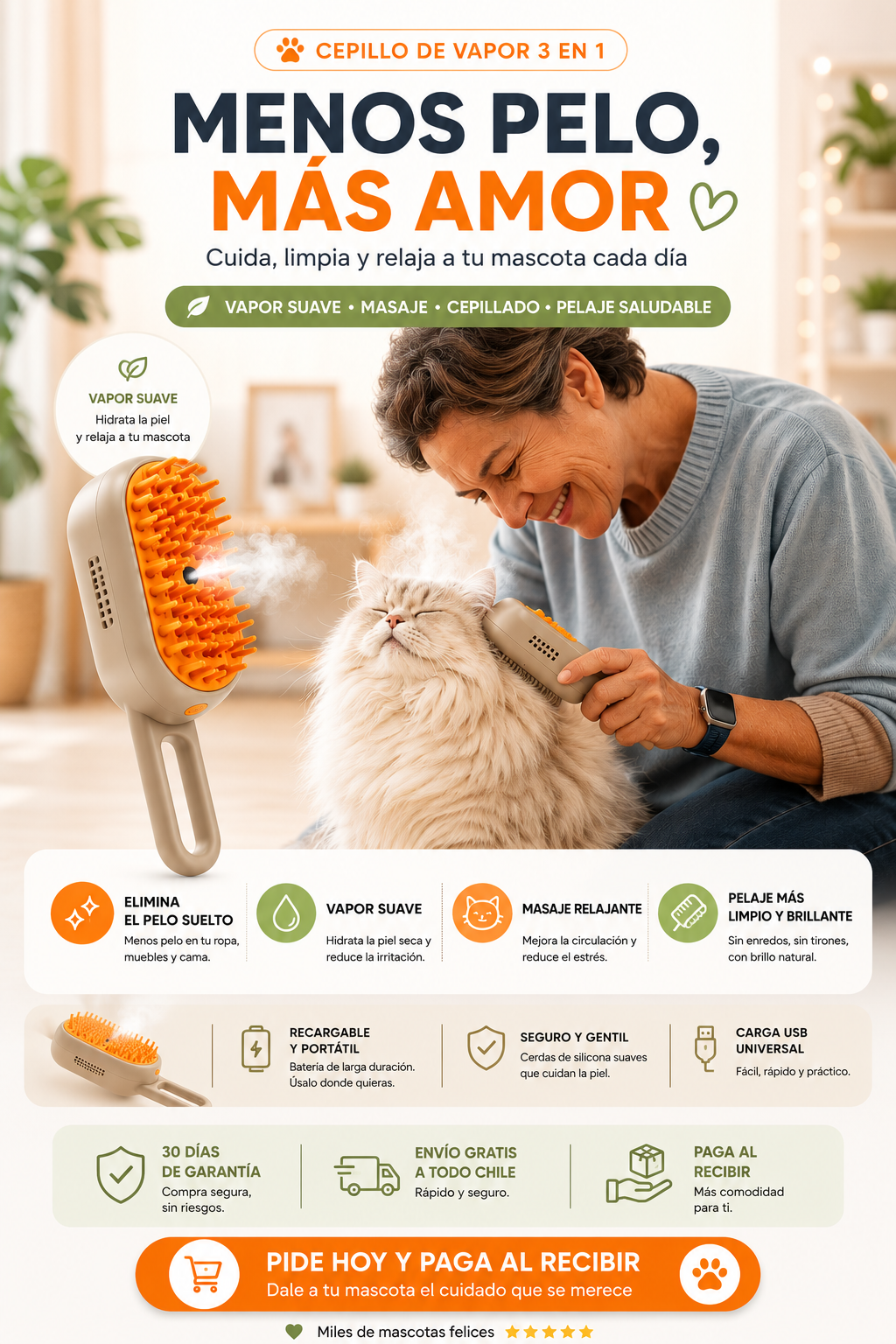 Cepillo de Vapor 3 en 1 para Perros y Gatos