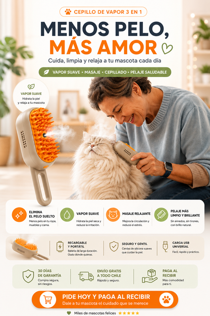 Cepillo de Vapor 3 en 1 para Perros y Gatos