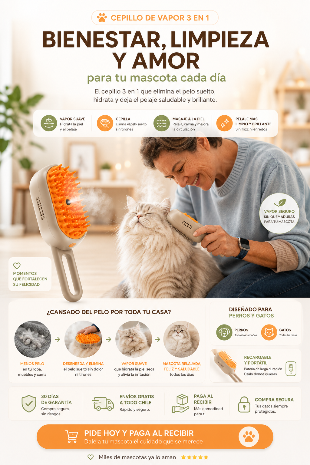 Cepillo de Vapor 3 en 1 para Perros y Gatos