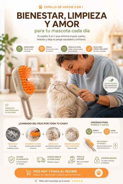 Cepillo de Vapor 3 en 1 para Perros y Gatos