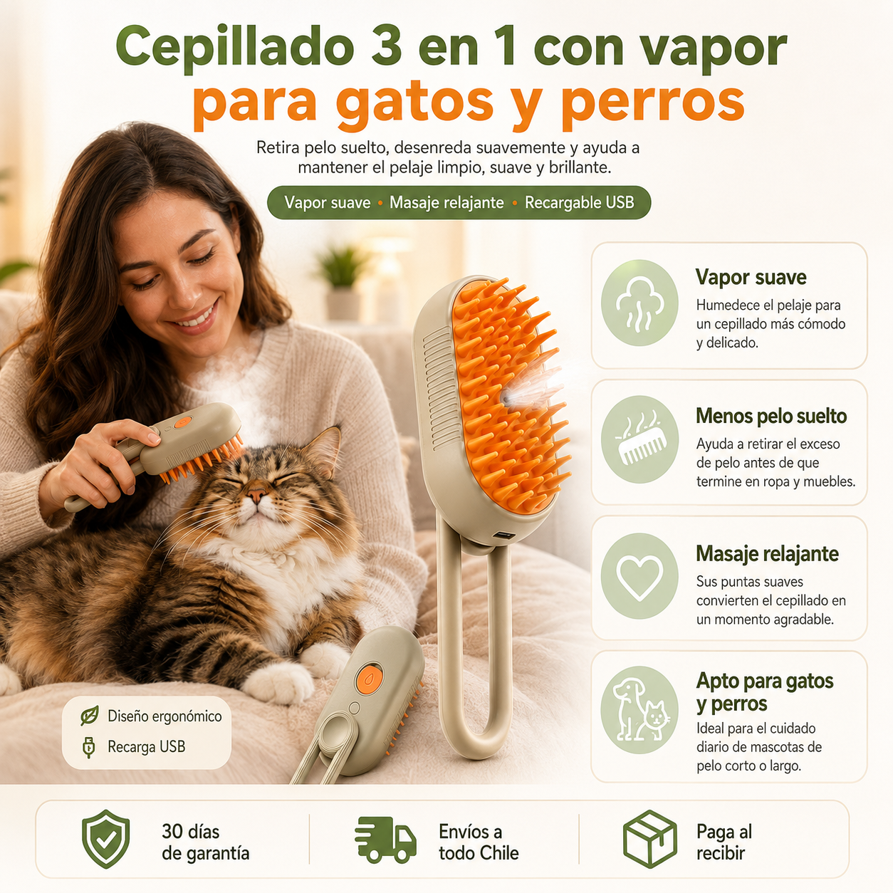 Cepillo de Vapor 3 en 1 para Perros y Gatos